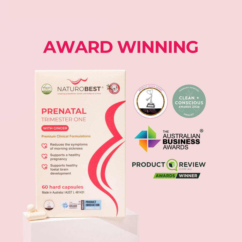 NaturoBest Prenatal Trimester One with Ginger with award badges
